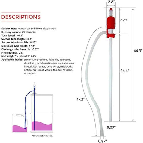 Hassle Free Plastic Drum Siphon Pump Works Like A Charm With Five Gallons Per Minute Flow Rate Dead Simple Gravity Operation Smooth Liquid Transfer For Standard Drums Quick Suction Hose And Universal Bung Adapter dimensions and specifications diagram