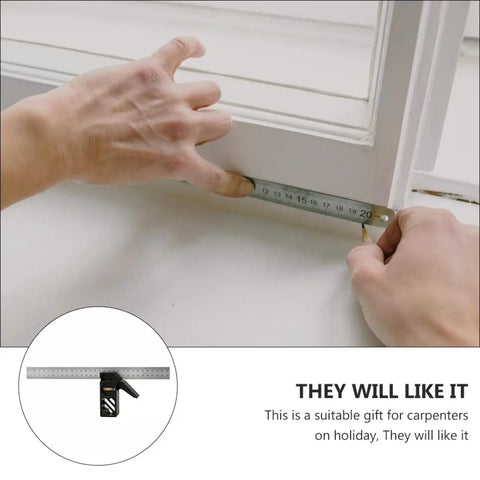 Professional Grade Carpentry Combination Square Layout Ruler With Dead On 45 And 90 Degree Marking Heavy Duty Woodworking Measuring Tool being used to measure a fitting.