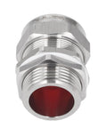 Close-up of explosion-proof stainless steel cable gland connector (304 SS) with red seal, threaded for electrical boxes