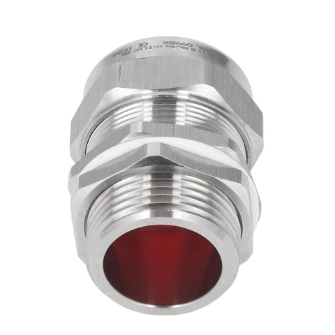 Close-up of explosion-proof stainless steel cable gland connector (304 SS) with red seal, threaded for electrical boxes