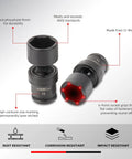 Close-up of 1/4 Inch Drive Universal Impact Socket Set, 15mm socket, Cr-Mo material, rust, corrosion, and impact resistant