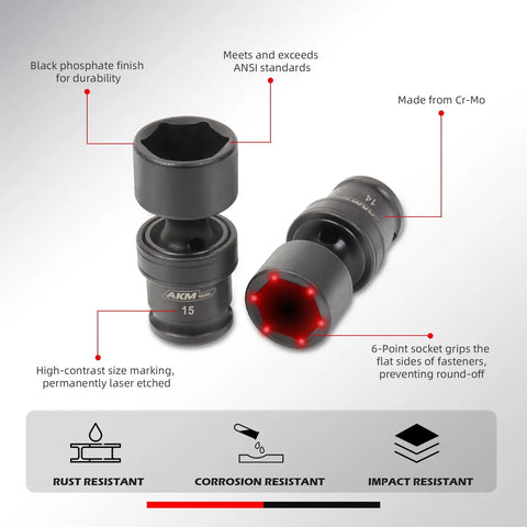 Close-up of 1/4 Inch Drive Universal Impact Socket Set, 15mm socket, Cr-Mo material, rust, corrosion, and impact resistant