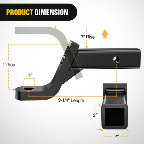 Diagram of Heavy Duty Trailer Hitch Ball Mount With Five Eighth Inch Pin Clip For Two Inch Receiver, 7500 Lb Gross Weight, 4 inch drop, 3 inch rise.