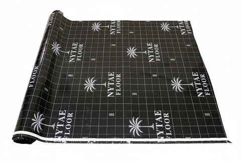 Heavy Duty 6 Mil Vapor Barrier Underlayment for Laminate and Vinyl Flooring shown in roll, black with palm design.