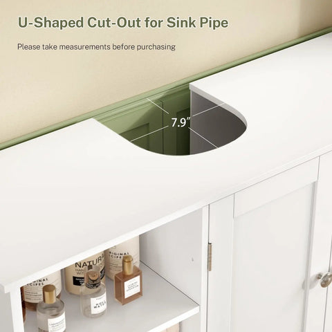 U-shaped cutout for sink pipe on Top Notch White Pedestal Sink Cabinet With Double Doors And Adjustable Shelving, 7.9 inches.