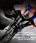 SMOTIVEPRO 3pc hose pinch-off pliers set in use on a coolant hose near radiator; blue handles