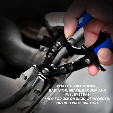 SMOTIVEPRO 3pc hose pinch-off pliers set in use on a coolant hose near radiator; blue handles