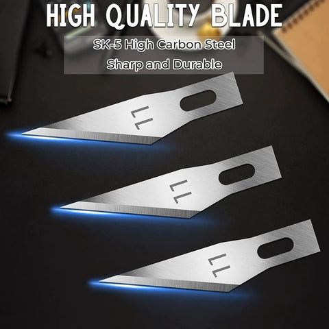 Close-up of 60 Pack Exacto Knife Blades 11 Replacement Blades For Crafting And Scrapbooking Hobby Knife Refills displayed on dark surface.