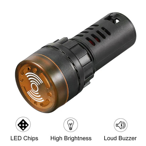 Close-up of Yellow Indicator Light With Buzzer 12V AC DC, 22mm Panel Mount Flashing Alarm, highlighting LED and sound features