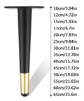 Heavy Duty Metal Furniture Legs 4 Pack Cone Shape Caster Wheels For Couches. Black & gold cone-shaped metal leg with size marks.