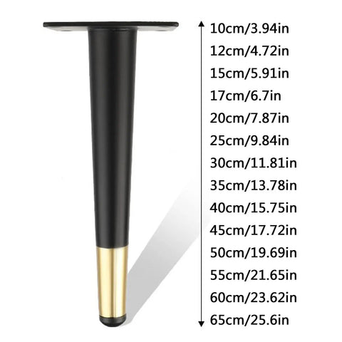 Heavy Duty Metal Furniture Legs 4 Pack Cone Shape Caster Wheels For Couches. Black & gold cone-shaped metal leg with size marks.