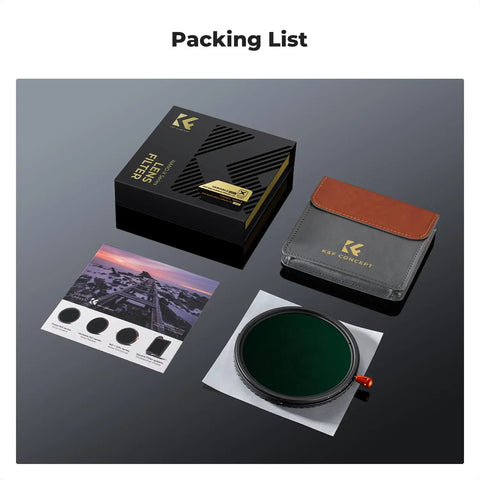 Packing list with 82mm Dope Diffusion Mist Filter With ND Quarter And Variable ND Two To Thirty Two Stops One To Five Plus CPL