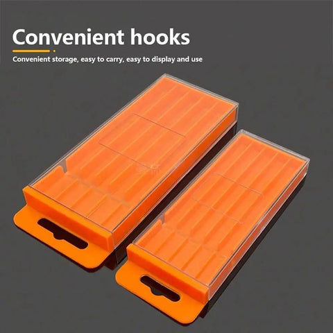 Orange Plastic Drill Bits Storage Box With Pull Out Design showing convenient hooks for easy access storage and organization.