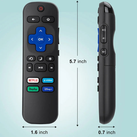 Front and side view of Pack Of 2 Replacement Remote For Roku TV Compatible With TCL Roku Hisense Roku.