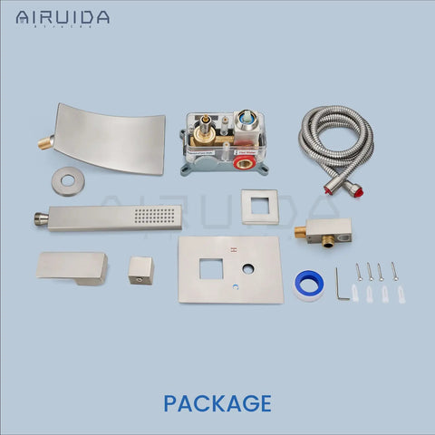 Wall Mount Tub Faucet With Waterfall Spout And Handheld Shower No Sweat Install Single Handle Tub Filler Set accessories