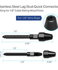 Stainless steel lag stud quick connector for 1/8" cable railing wood posts showing dimensions and fitting details.