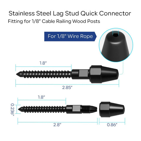Stainless steel lag stud quick connector for 1/8" cable railing wood posts showing dimensions and fitting details.