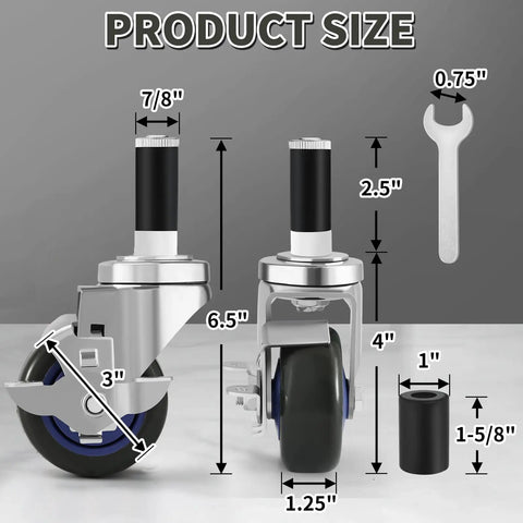 Smooth Rolling Heavy Duty Prep Table Wheels Set Of 4 Expanding Stem Casters Fit 7/8 To 1 Inch inner tube legs product size chart with dimensions.