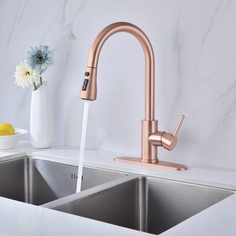 Copper Rose Gold Kitchen Faucet For Deck Mount With Three Way Spray Pause Setting Lead Free 304 Stainless Steel
