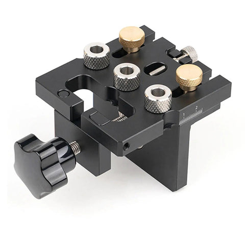 Rock Solid Precision 3 In 1 Doweling Jig Drill Guide For Reliable Furniture Assembly Heavy Duty Aluminum And Brass Woodworking Aid Fits 15 Millimeter Side Hole Zero Fuss close-up of jig features metal knobs and clamps.