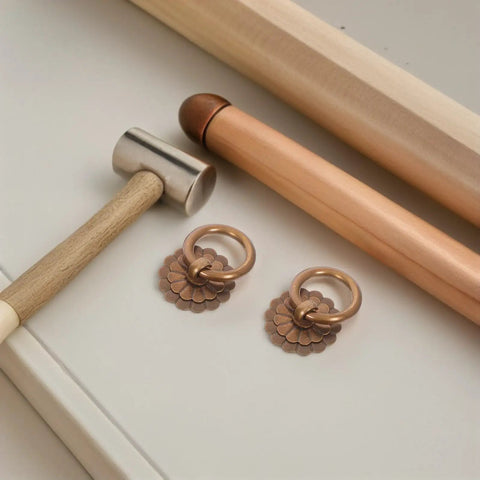 Vintage Brass Ring Pulls Six Pack Solid Round Cabinet Handles Old School Drawer Knobs, floral design, with tools nearby
