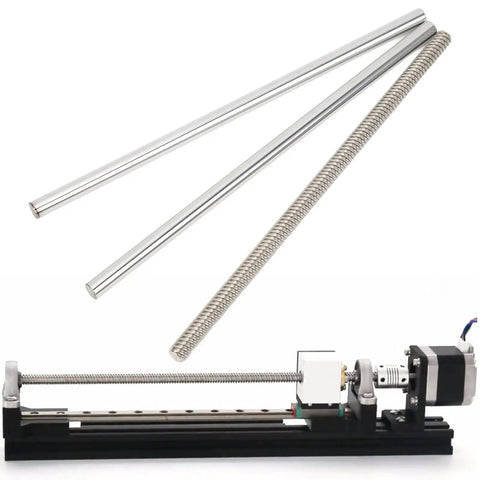 Beefed Up Linear Motion Kit with Guide Rod Shafts, T8x8 Lead Screw, for CNC 3D Printer, featuring bearing blocks and shaft supports.