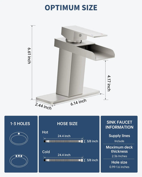 Waterfall Bathroom Faucet In Brushed Nickel Modern Single Handle Or 3 Hole Sink Faucet With Deck Plate And Pop Up Drain Easy Clean Finish Stylish Washbasin Tap For Any Bathroom Vanity with size dimensions and hose information.