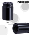 Bullet Shell Tire Valve Stem Caps Set In Aluminum Alloy, 0.65 x 0.43 inch, black, shown from side and top view, product size displayed.
