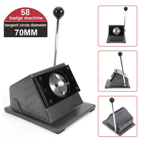 Multi Sheet Circle Punch Die Cutter 58mm and 70mm with hardened steel die cast base and long arm handle, front and side views.