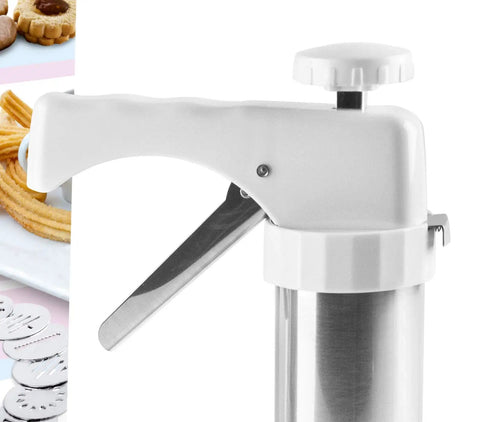 Close-up of Pro Grade Stainless Steel Cookie Press Gun Kit With 10 Disc Variations and 8 Interchangeable Nozzles, Made in Spain.