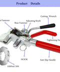 Heavy Duty Steel Banding Strapping Kit With Integrated Ratcheting Tensioner Cutter For Pallet Packing Includes One Hundred Pieces High Strength Buckles And Three Quarter Inch By One Hundred Foot Coil details showing tensioner tool features like hooks and handles.