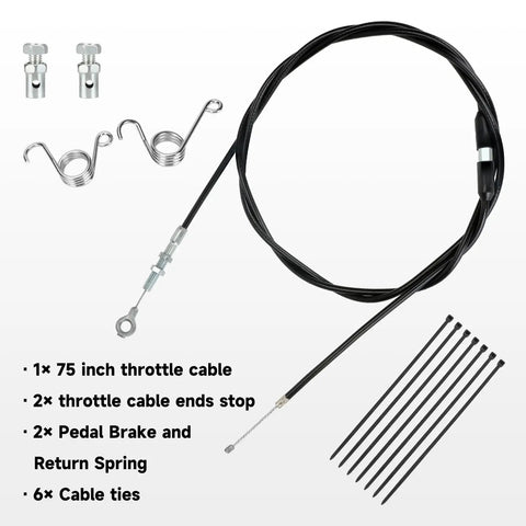 75-inch go kart throttle cable kit with pedal return springs for Predator 212cc engines, includes cable end stops and cable ties.