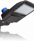 High Efficiency 500W LED Parking Lot Light Replacement With Dusk To Dawn Photocell Adjustable Shoebox LED Street And Area Light 19500 Lumen 5000K IP65 Outdoor Commercial Lighting For Parking Lots And Yards wall-mounted view