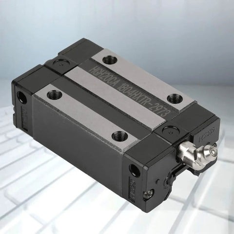 High Grade 20mm Linear Ball Bearing Slide Rail Carriage Block For CNC Machines installed, showing metal construction and precision detailing.