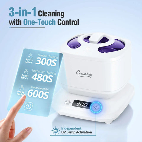 Detachable 45kHz Ultrasonic Retainer Cleaner with 3 Cleaning Modes, visible window and digital timer displayed on white unit