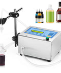 Automatic Liquid Filling Machine Makes Bottling A Cinch With One Touch Digital Control, shown with juice, oil, and liquor bottles.