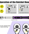 Digital Torque Wrench With Three Eighths Inch Drive shown with 72-tooth ratchet head and quick-release mechanism
