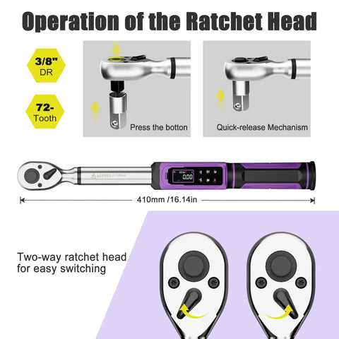 Digital Torque Wrench With Three Eighths Inch Drive shown with 72-tooth ratchet head and quick-release mechanism