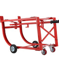 Heavy Duty Steel Drum Cradle For 55 Gallon Barrels With Retractable Lever And Rock Solid Build, angled view with wheels