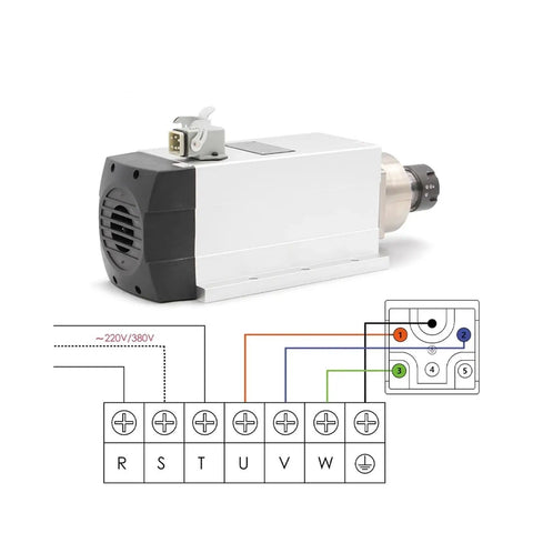 Beefy 4.5KW ER32 Air Cooled Spindle Motor With Flange Mount showcases wiring diagram for 220V or 380V configurations.