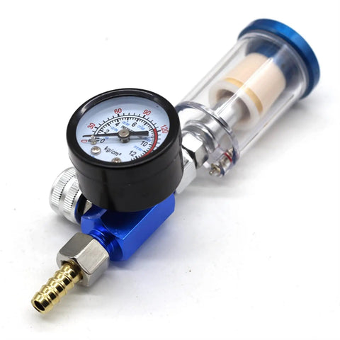 Badass Air Pressure Regulator With Precision Gauge And Slick Inline Water Filter, compact blue design, quarter inch connection.
