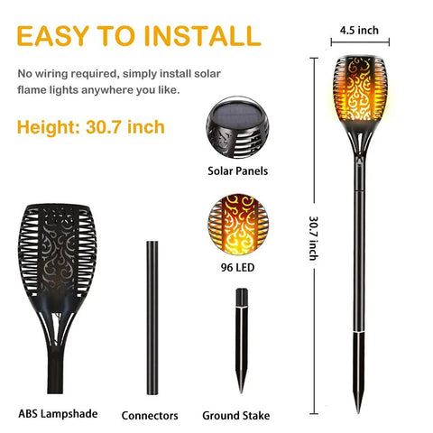 Diagram showing Six Pack Solar Torch Lights With Realistic Flickering Flame LED, Large 31-Inch Outdoor Lanterns, height 30.7 inches.