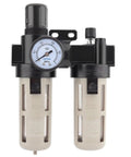 All In One Air Filter Regulator Lubricator Combo 3/8 Inch NPT Ports And 0 To 140 PSI Range Gauge Included Semi Auto And Auto Drain Dual FRL Assembly