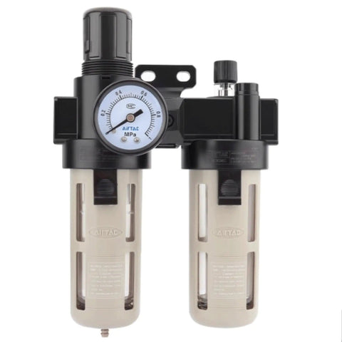 All In One Air Filter Regulator Lubricator Combo 3/8 Inch NPT Ports And 0 To 140 PSI Range Gauge Included Semi Auto And Auto Drain Dual FRL Assembly