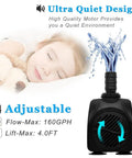 160GPH Whisper Quiet Submersible Fountain Pump With 3.3 Ft Tubing for aquariums, emphasis on ultra-quiet design