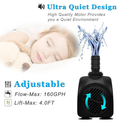 160GPH Whisper Quiet Submersible Fountain Pump With 3.3 Ft Tubing for aquariums, emphasis on ultra-quiet design