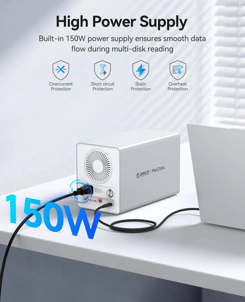 Turbocharged 4 Bay Raid Hard Drive Enclosure With Jms591 Chip And 20Gbps Usb 3.2 Gen2X2 Interface, showing power supply and connectivity.