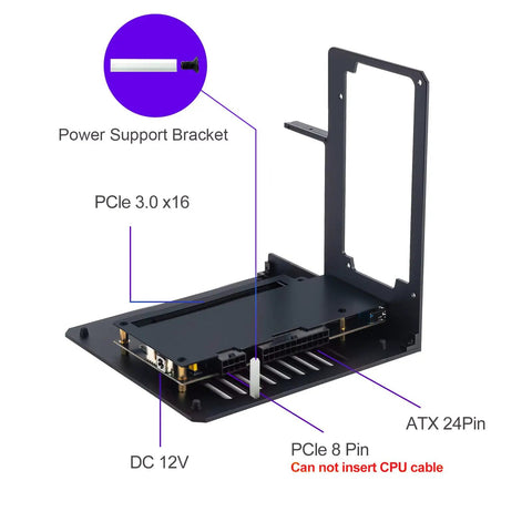 External eGPU dock showcasing PCIe 3.0, ATX 24Pin, and power support bracket for heavy gamers and content creators.