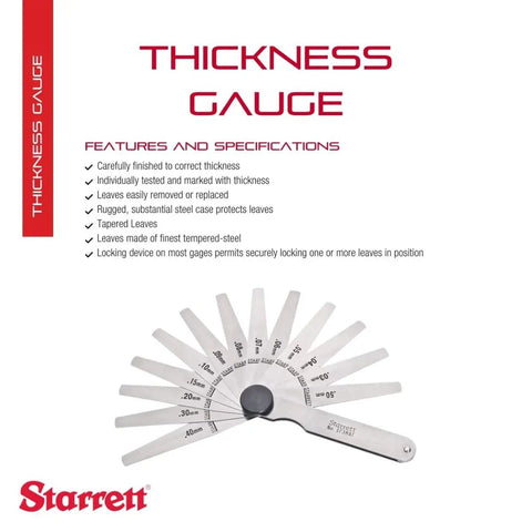 Tempered Steel Metric Thickness Gage With Tapered Leaves And Locking Device, Rugged Steel Case, 13 Leaves, Features Displayed
