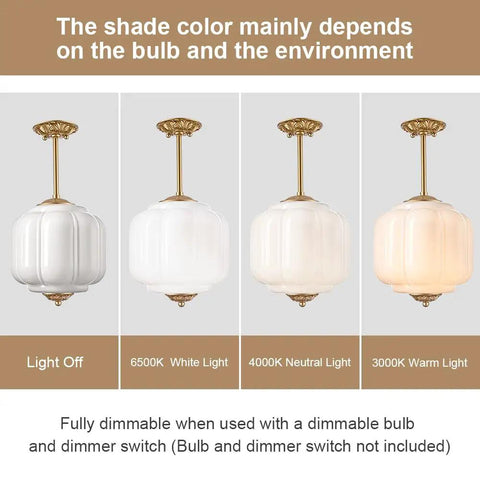 Straight Up Vintage Milk Glass Ceiling Light Fixture With Antique Brass Dome Shade Swoon Worthy Farmhouse And Schoolhouse Style Pendant Lamp 9 Inch Wide Bulb Cover Upgrade For Modern Home Decor showing light color variations.